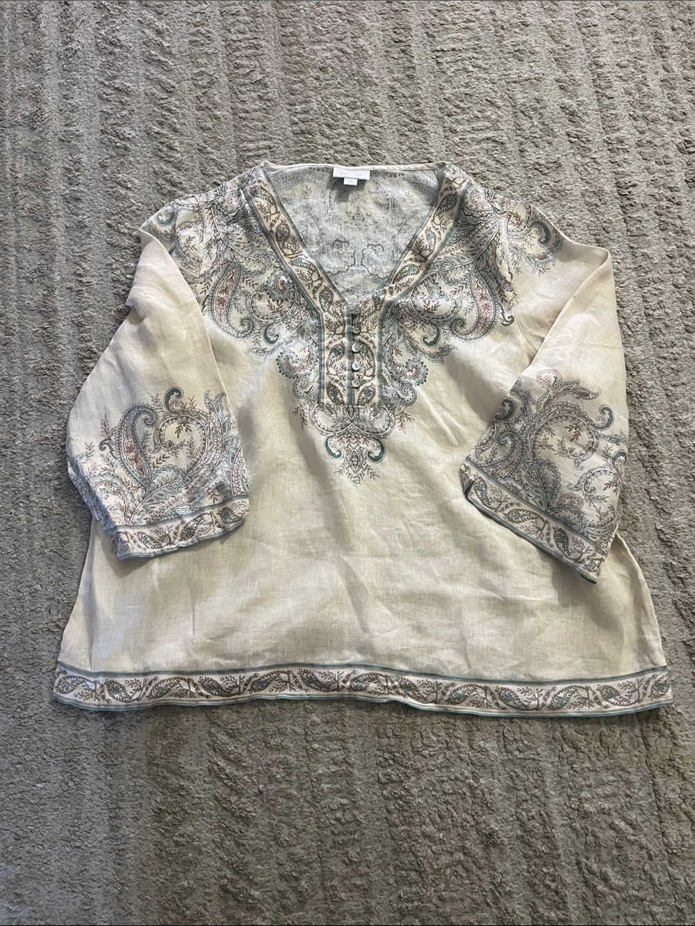 J. Jill Bohemian 3/4 Length Sleeve V-Neck 100% Linen Blouse Top Medium Petite